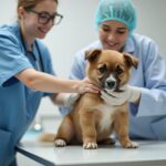 Veterinary doctor and assistant working together examining dog on table in veterinary clinic Pet health care and medical concept. Close-up.